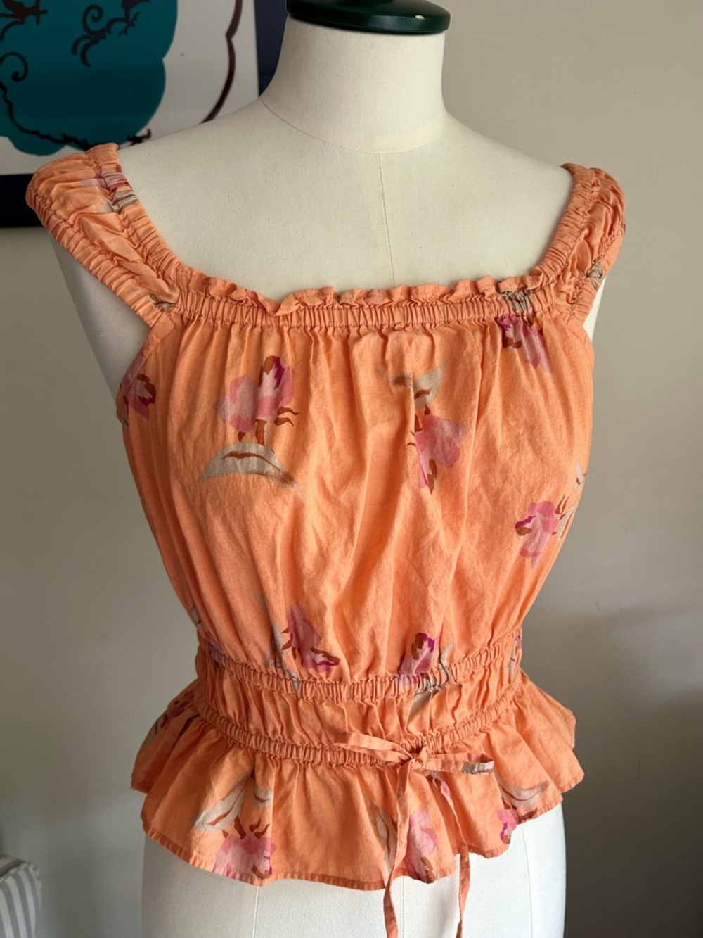 100% Cotton Peach Floral Smocked Peplum Summer Top by RW&Co